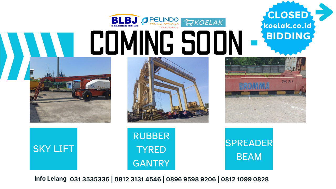 LELANG NON EKSEKUSI SUKARELA RUBBER TYRED GANTRY (RTG), SKY LIFT-01, MOTOR ASSY, SPREADER BEAM RTG, SPREADER BEAM CC, BLOCK ENGINE, CABIN TALLY