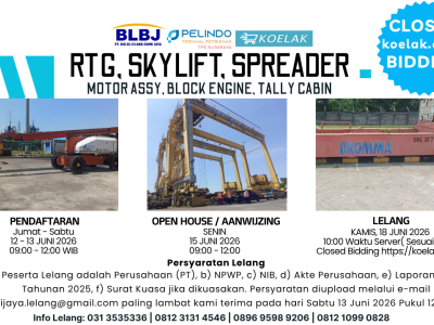 LELANG NON EKSEKUSI SUKARELA RUBBER TYRED GANTRY (RTG), SKY LIFT-01, MOTOR ASSY, SPREADER BEAM RTG, SPREADER BEAM CC, BLOCK ENGINE, CABIN TALLY