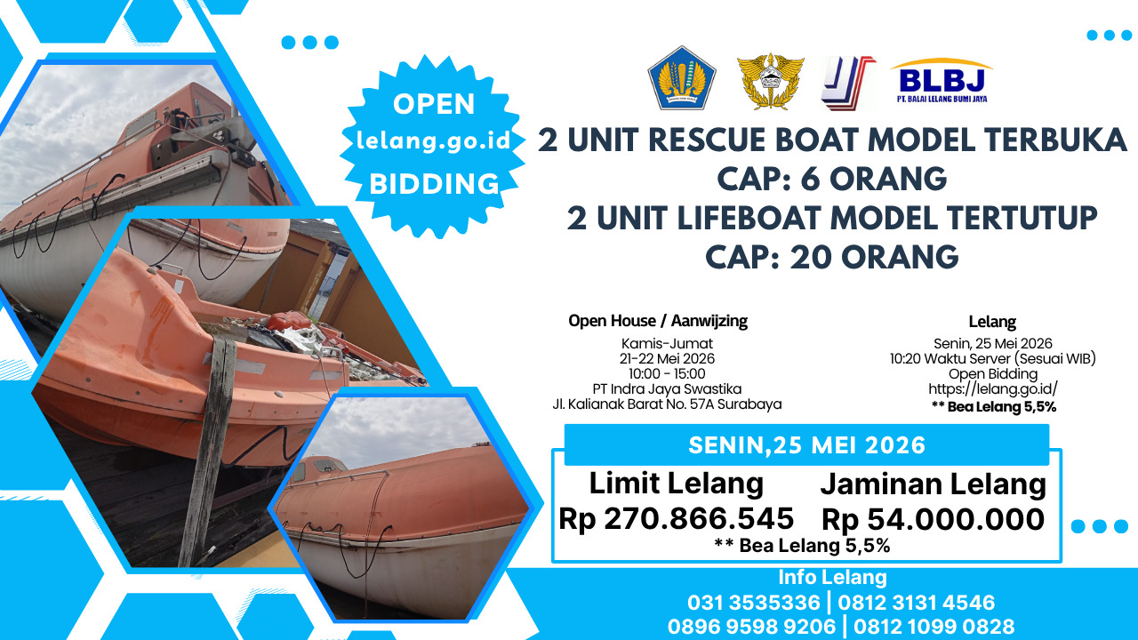LOT 02 LELANG EKSEKUSI BTD 1 (SATU) 1 (SATU) PAKET ± 2 UNIT RESCUE BOAT MODEL TERBUKA & ± 2 UNIT LIFEBOAT MODEL TERTUTUP