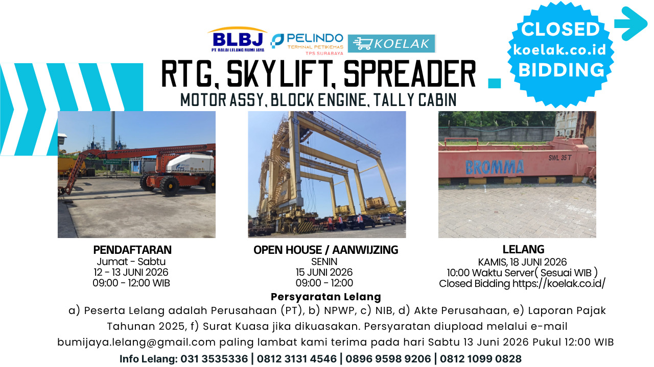 LELANG NON EKSEKUSI SUKARELA RUBBER TYRED GANTRY (RTG), SKY LIFT-01, MOTOR ASSY, SPREADER BEAM RTG, SPREADER BEAM CC, BLOCK ENGINE, CABIN TALLY