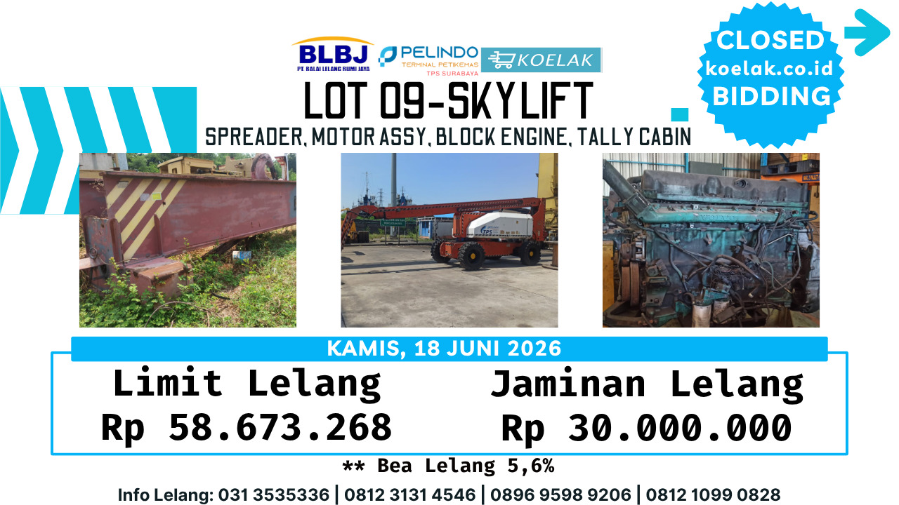 LOT 09 SKYLIFT, MOTOR ASSY, SPREADER, BLOCK ENGINE, CABIN TALLY