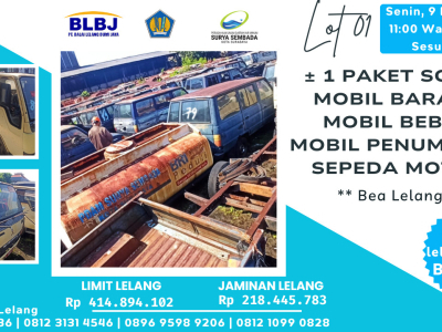 LOT 01:±2 MOBIL BARANG, ±27 MOBIL BEBAN, ±84 MOBIL PENUMPANG, ±54 SEPEDA MOTOR