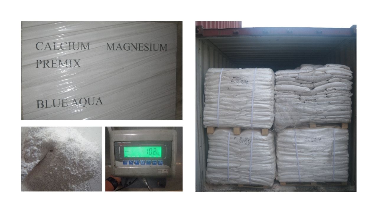 Bea Cukai Priok 11 : Bubuk Putih tertulis Calcium, Magnesium, Premix dan Blue Aqua
